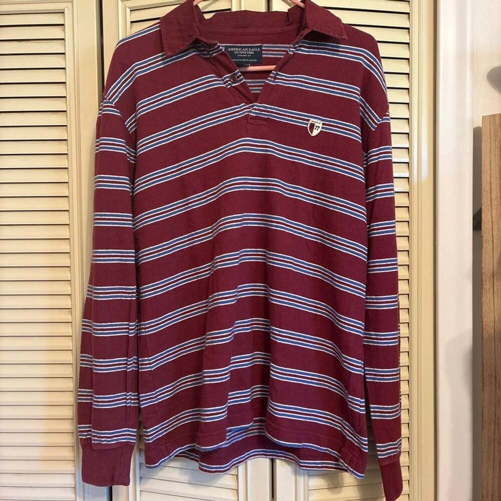 American Eagle Outfitters Striped Rugby Shirt Size M Burgundy Long Sleeve